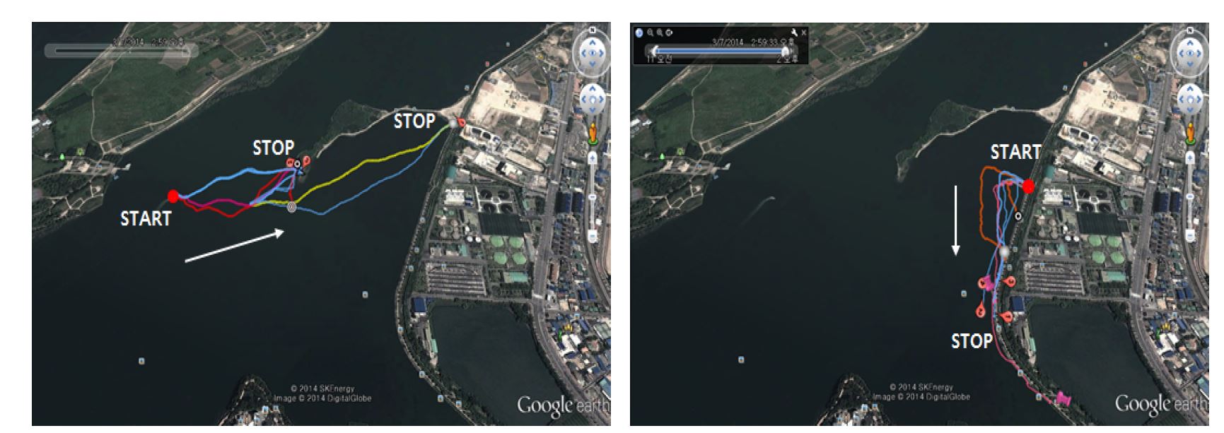 1st preliminary experiment of GPS floater(Left: CASE 1, Right: CASE 2)