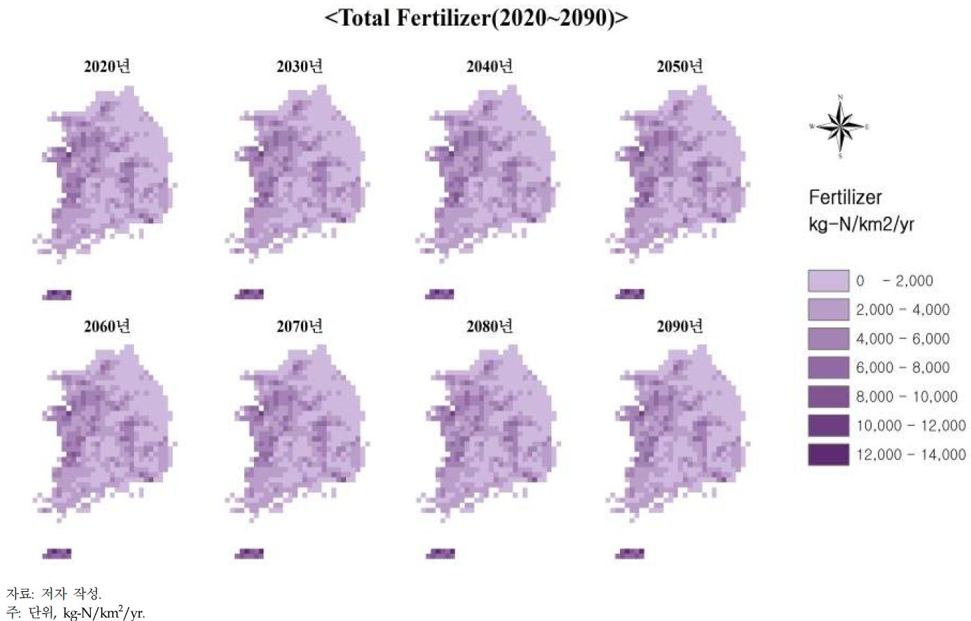 GIS 격자별 미래 총 질소 비료시비량 결과
