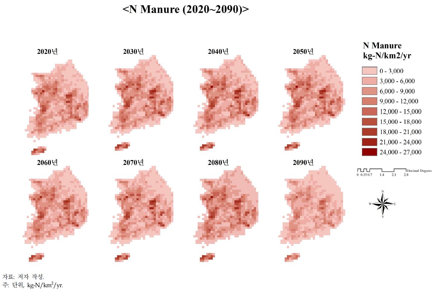 GIS 격자별 미래 질소 분뇨발생량 결과