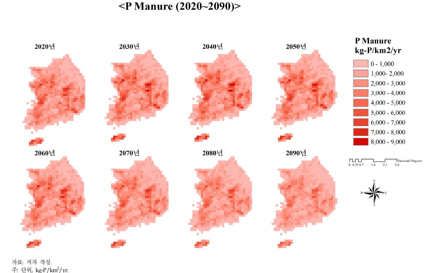 GIS 격자별 전체 작물의 미래 인 분뇨발생량 결과