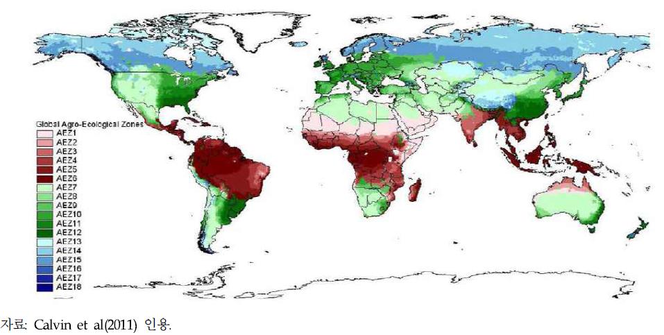 GCAM의 18개의 Agro-Ecological zones 분류