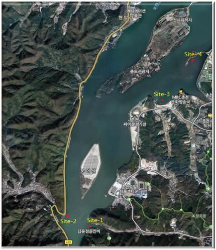 의암호 위성사진과 퇴적물 코어시료의 채취지점