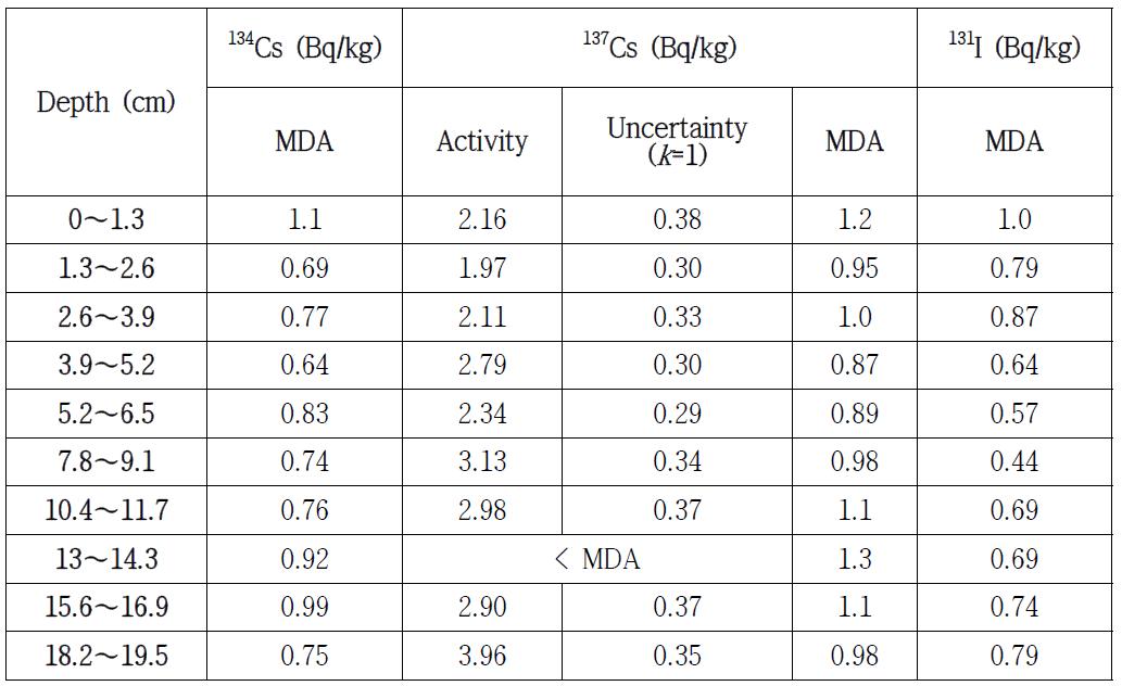 Site 2 깊이별 134Cs, 137Cs, 131I 농도