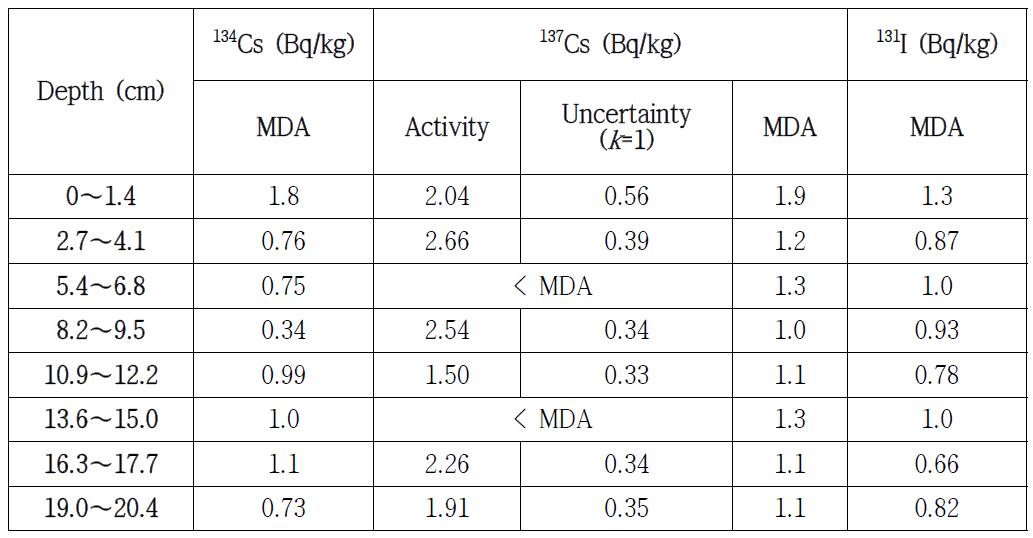 Site 3 깊이별 134Cs, 137Cs, 131I 농도
