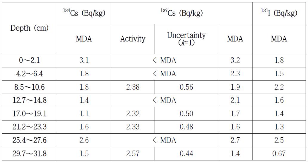 Site 4 깊이별 134Cs, 137Cs, 131I 농도