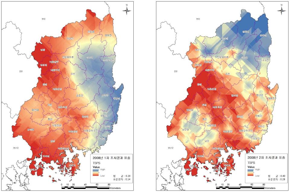 오염원유입 정화시설 Kriging 표출결과(2008)