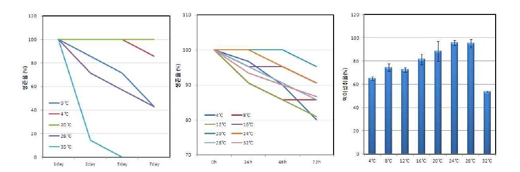 수온별 참굴 생존율 및 먹이 섭취율