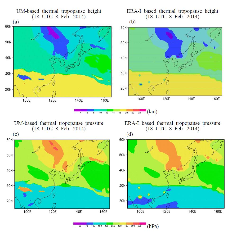 Thermal tropopause height (㎞) and pressure (hPa) from UM (a, c) and ERA-Interim (b, d) at 18 UTC 8 Feburary, 2014.