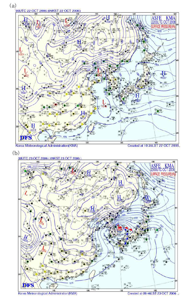 Surface weather chart at (a) 0000 UTC (b) 23 Oct. 2006.