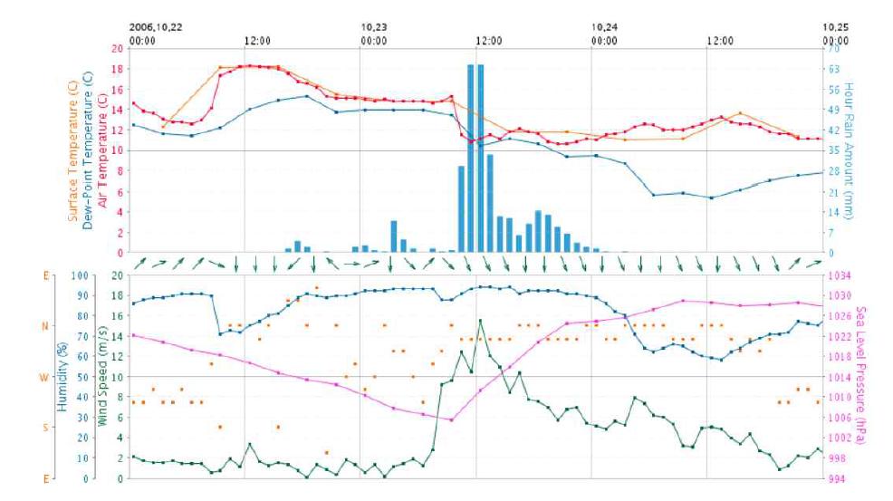 Time series of meteorological elements (surface temperature; ℃, dew-point temperature; ℃, air temperature; ℃, rain amount; mm/hr, humidity; %, wind speed; ms-1, sea level pressure; hPa) at Gangneung weather station (ID: 105).