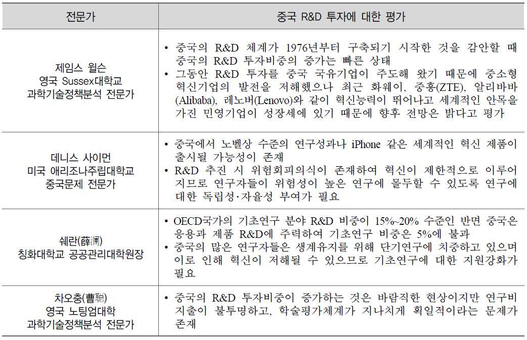 전문가별 중국 R&D 투자에 대한 평가