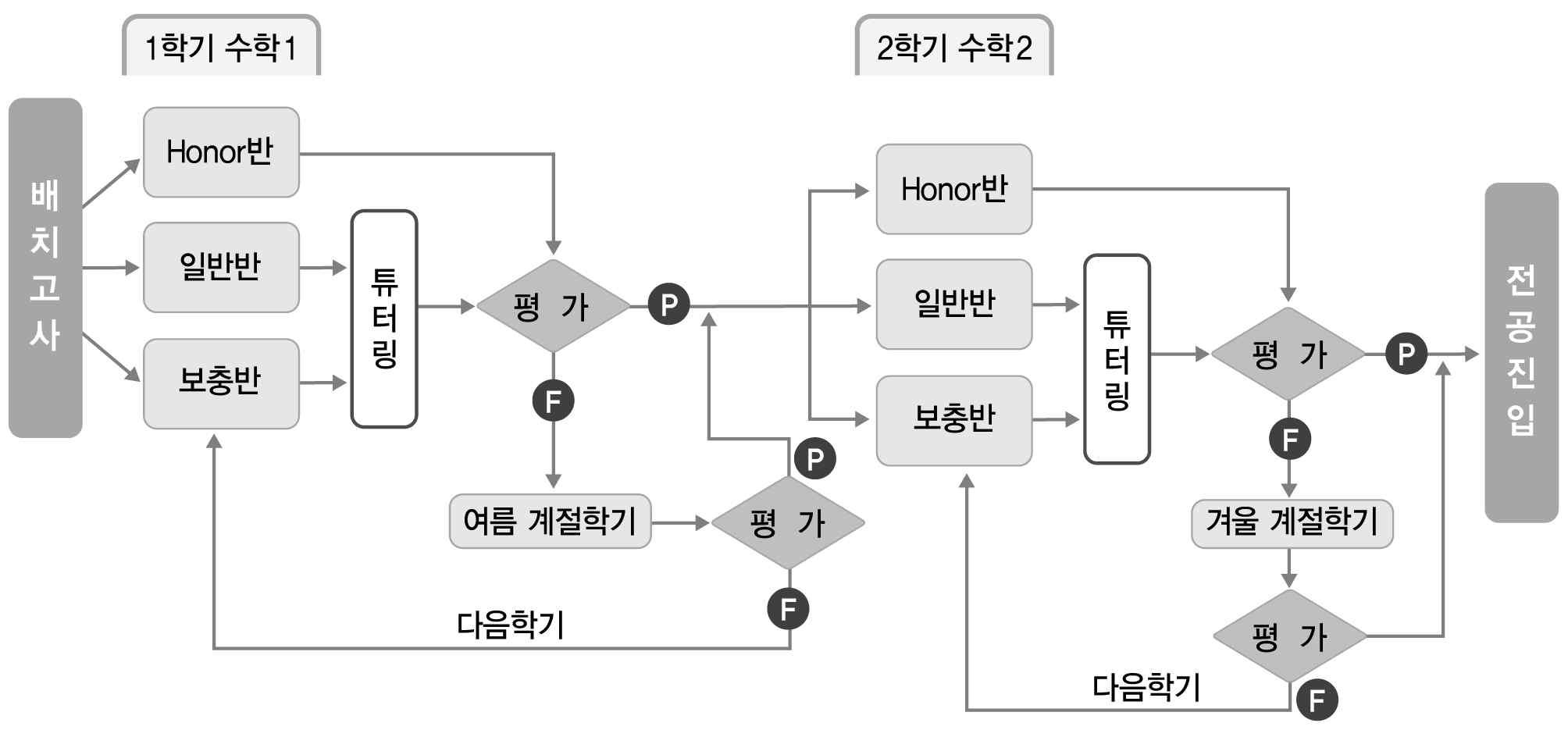 전공진입 수준별 기초과학 교육 모형 절차도(예 :수학 교과)