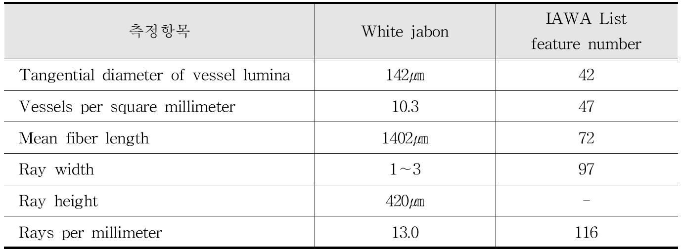 IAWA 기준에 따른 White jabon 수종의 해부학적 특성