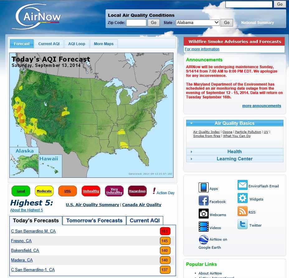 미국의 국가 공기질 정보를 제공 Website
