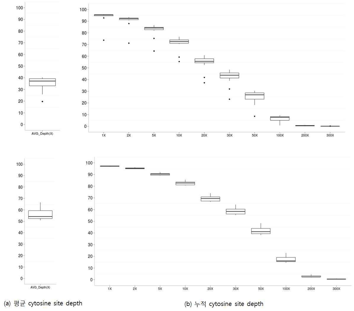 A(상)와 B(하) 그룹에 대한 평균 cytosine site depth와 누적 cytosien site depth