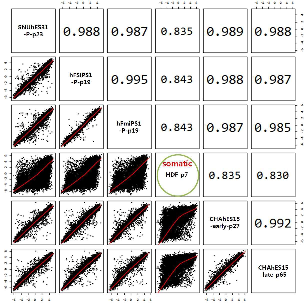 6 Sample에 대한 상관계수 및 scarter plot