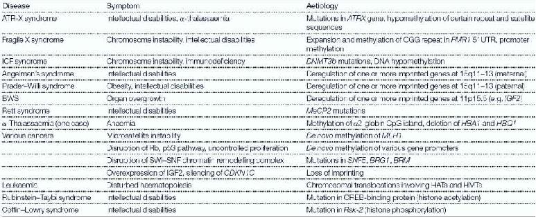 후성유전체 관련 질병들 및 증상 (Simons 2008)