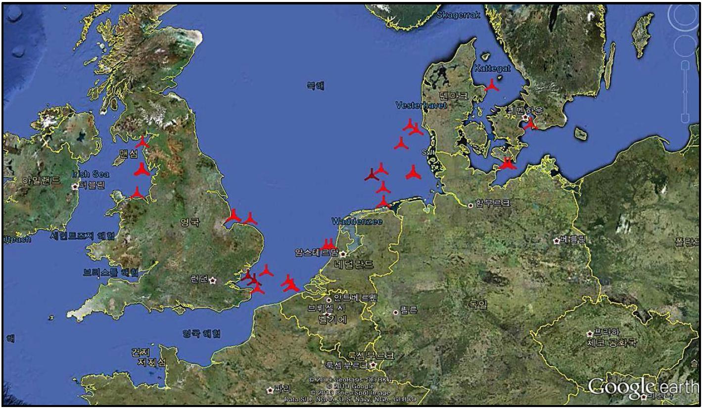 유럽의 100MW이상 해상풍력발전단지 위치지도
