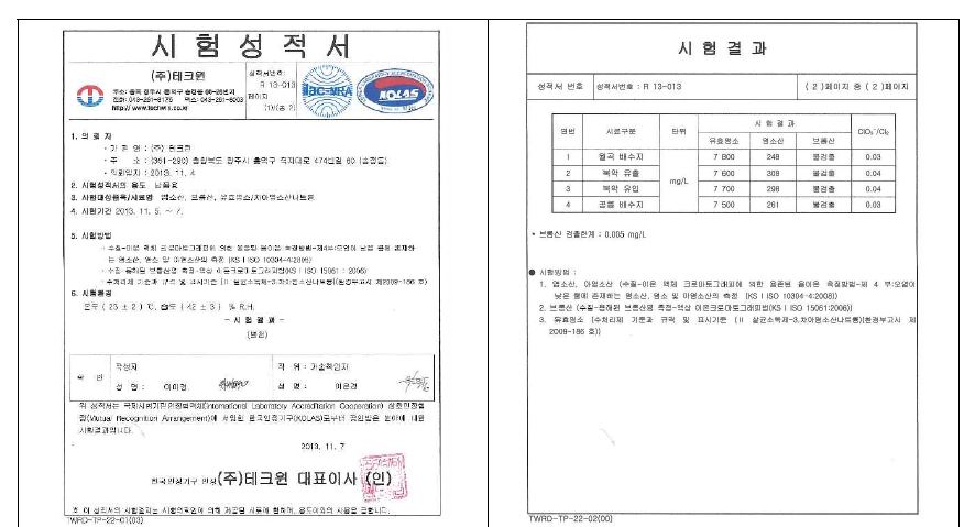 납품 전해조 클로레이트 분석 성적서