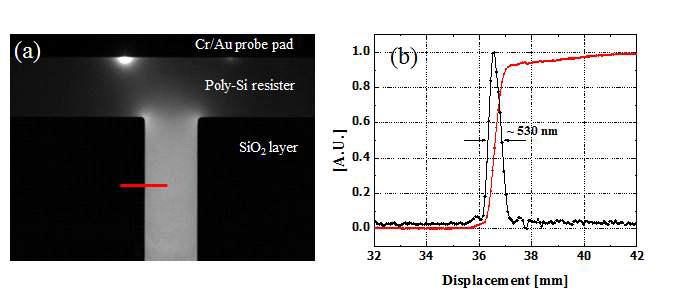 Poly-Si 마이크로-저항의 열반사 이미지 (a), 공간분해능 측정 결과 (b)