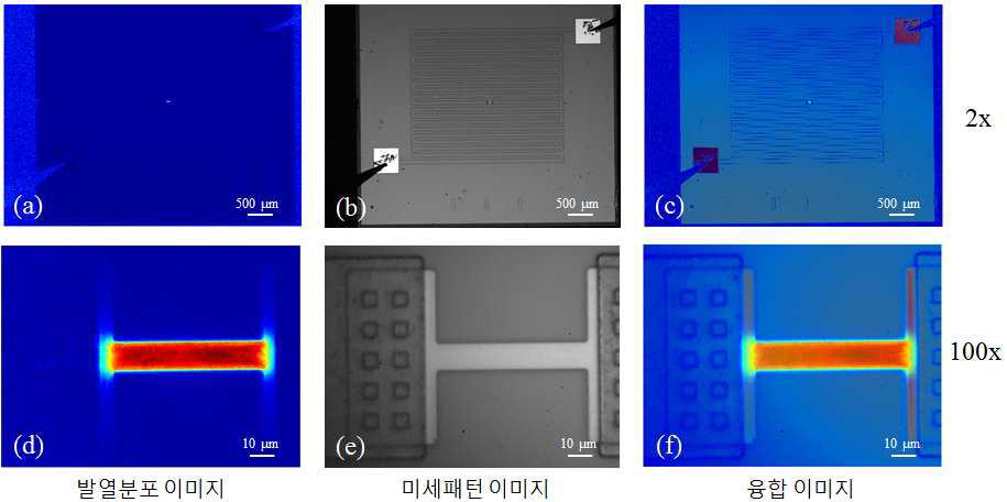 테스트 시료에 대한 발열분포 이미지 (a, d)와 미세패턴 이미지 (b, e)의 융합 이미지 (c, f); 2x 배율 이미지 (a, b, c), 100x 배율 이미지 (d, e, f)