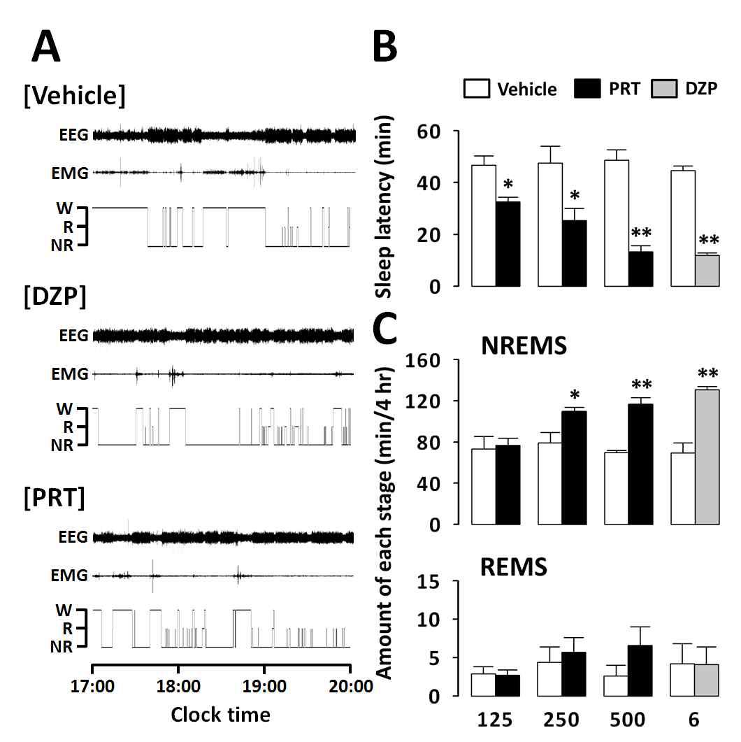 (A) Representative examples of EEG and EMG signals and corresponding hypnograms in a mouse treated with vehicle, PRT, and DZP. (B) Effects of PRT and DZP on sleep latency. (C) Total time spent in NREMS and REMS for 4 h after administration