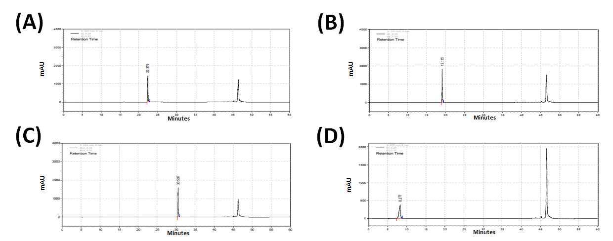 Chromatogram of isolated compounds of (A) dieckol, (B) eckol, (C) eckstronol and (D) triphlorethol-A from ECE