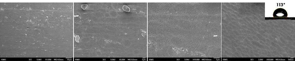 알칼리 에칭 후 디스머트 처리한 Al 1100 소재표면 SEM사진 및 접촉각 측정 결과