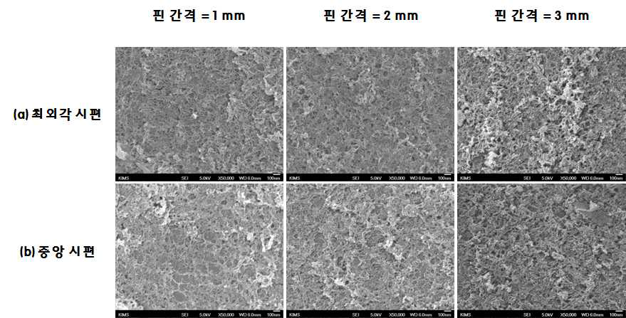 핀의 위치에 따른 알칼리 에칭 후 시편 에지 부위의 FE-SEM 사진