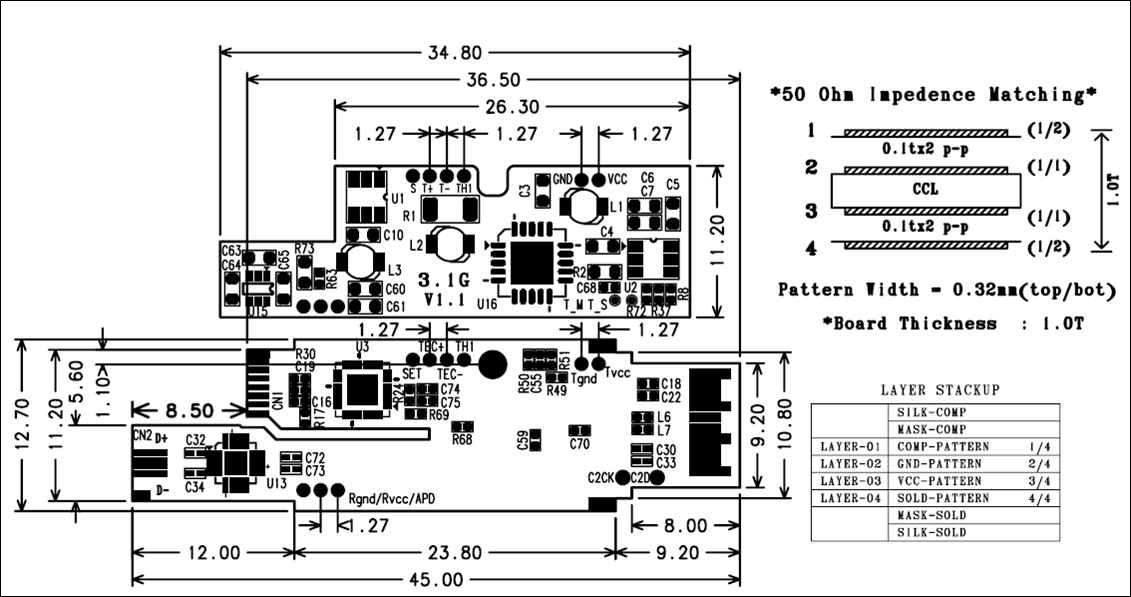 Dual band TOSA SFP PCB 부품 배치도 및 단면도