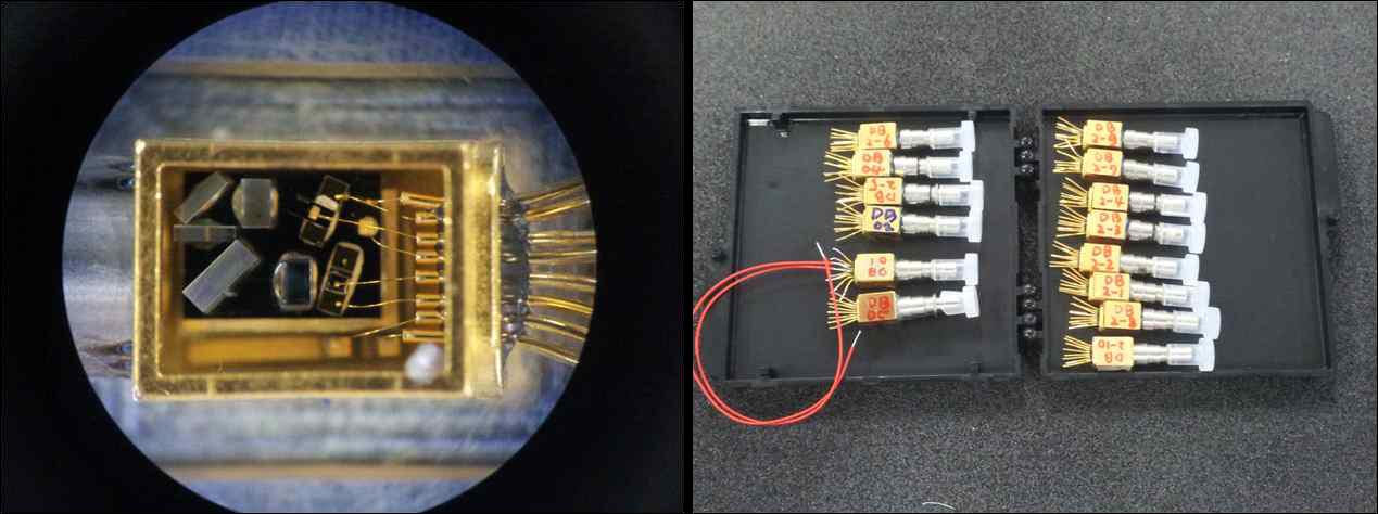 Dual-band TOSA 제작된 실물 사진 (상: TO 내부 사진, 하: TOSA 제작 실물 사진)