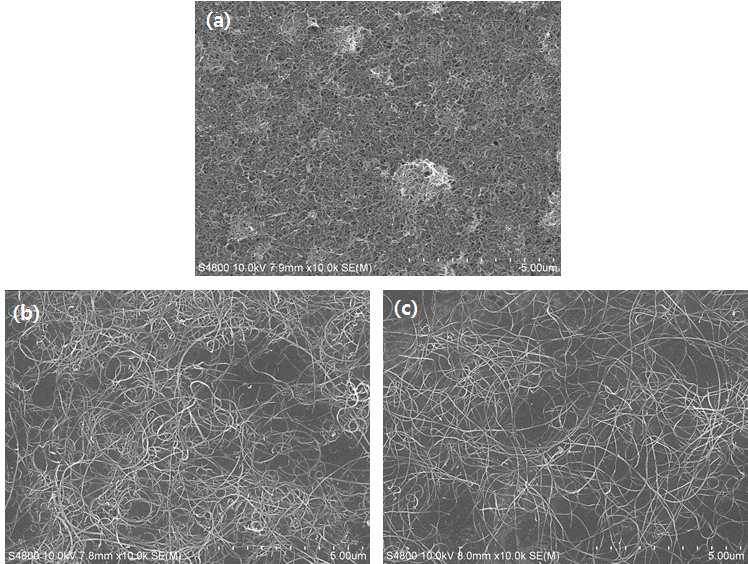 CNT의 표면처리에 따른 FE-SEM 사진 (a) Prisitne-CNT, (b) COOH-CNT 및 (c) Amine-CNT.