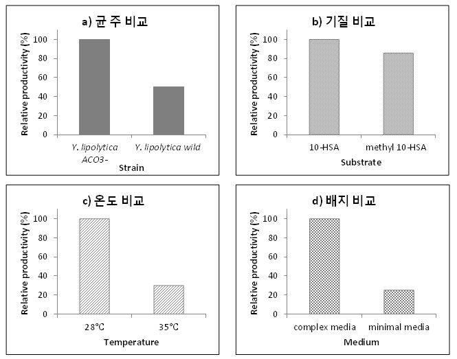 다양한 조건에 따른 락톤 생산량 비교