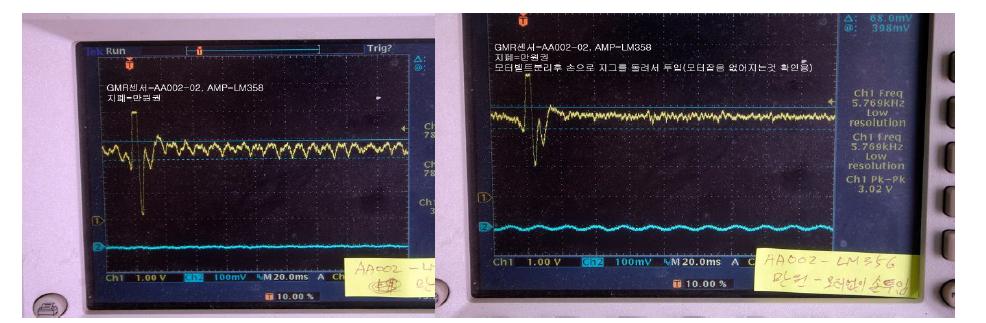 모터가 돌아가고 있는 상태에서 1만원권 지폐투입(좌)과 모터벨트를 분리 후 손으로 지그를 돌리며 1만원 지폐투입(우)