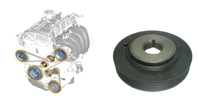 자동차 엔진에 장착되는 각종 풀리와 스틸제 풀리의 실물