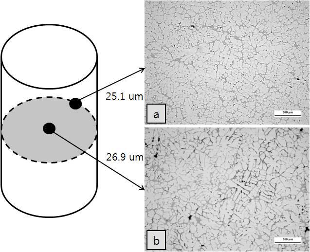 금형에 주입된 355.0 알루미늄 합금 봉상시편 (미세화제 첨가, AT15B 합금)의 위치에 따른 미세조직의 비교 (a) 시편 표면부의 SDA=25.1 um (b) 시편 중심부의 SDA=26.9 um [SDA=Secondary Dendrite Arm Spacing]