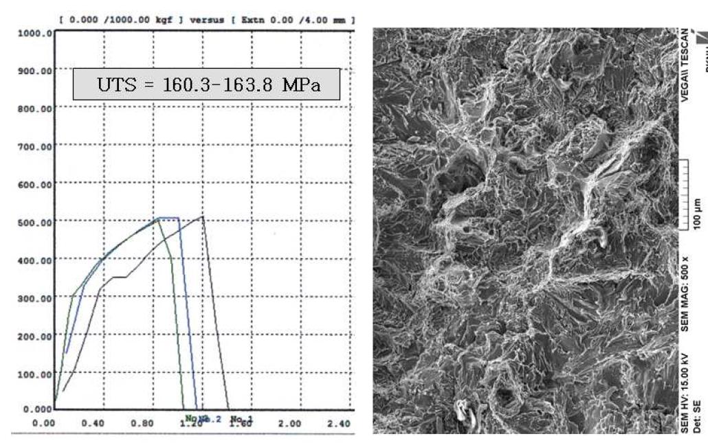 355.0 AT10B 합금의 주방상태 상온 인장시험 그래프와 SEM 파단면