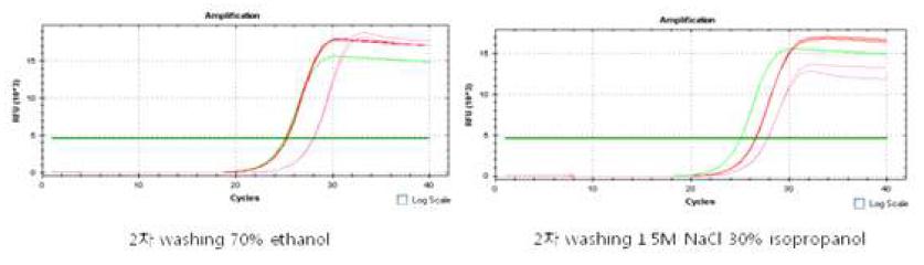 2차 washing 과정을 1.5M NaCl, 30% isopropanol로 진행한 gDNA와 70% ethanol로 진행하여 추출한 gDNA를 Nano drop 정량 값을 기준으로 20ng, 2.5ng으로 희석한 후 real-time qPCR을 진행한 결과