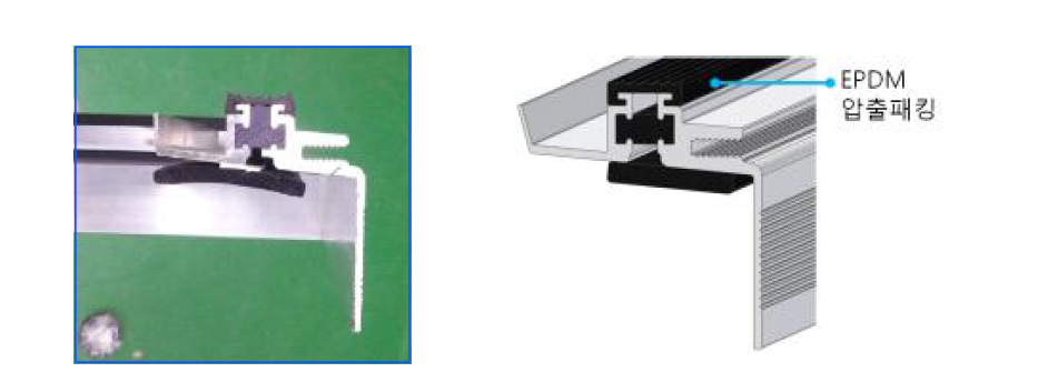 내부 알루미늄 프로파일 단면 사진(좌)과 내부 커버(우)