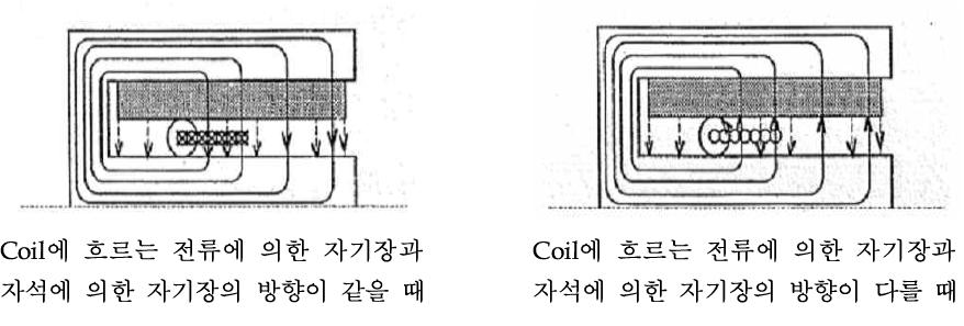 Coil 상의 전자기력의 방향에 따른 모식도