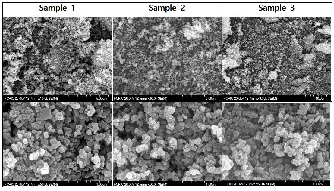 의 조건에 따라 합성한 ZnO plate의 SEM images