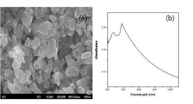 실험 조건에 따라 합성한 ZnO plate SEM 사진 및 UV-vis absorbance peak.