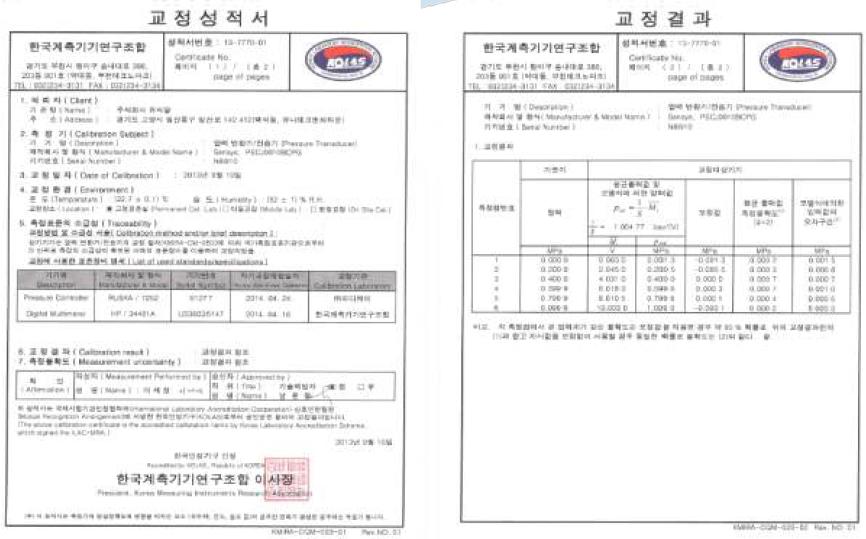 압력 센서 검교정 성적서 (예)