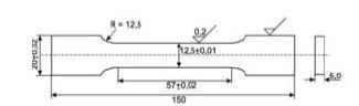 Shape and dimension of tensile testing specimen