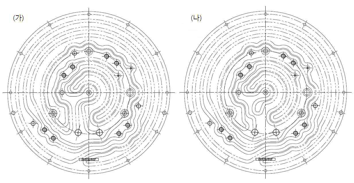 Cooling path 설계도면 (가) 센터→외곽 방향 유로 설계, (나)중간→외곽→센터 방향 유로 설계