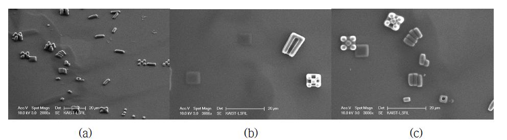 SEM images of SU-8 test structures on non-acidic treated SiO2 substrate.