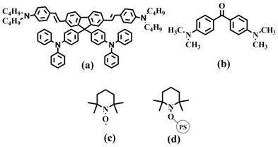 Materials used for this study (a) TPA dye Z2 (b) MK (c) TEMPO (d) polymer bounded TEMPO.