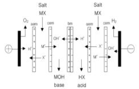 Schematic diagram illustrating the principle of water-splitting electrodialysis