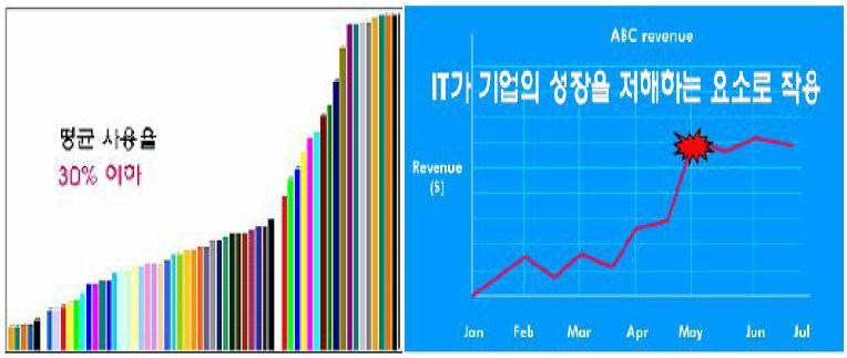 IT 시스템 평균 사용률과 IT 투자 곡선