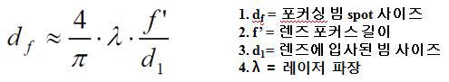 포커싱된 레이저 빔의 Spot 사이즈 계산 식